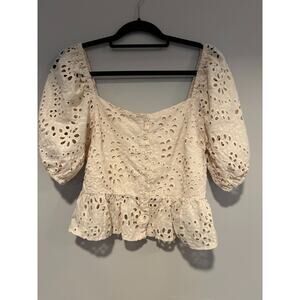 A Calin Cream Eyelet Crop Top Womens Size M Peasant Peplum Y2k Coquette Milkmaid